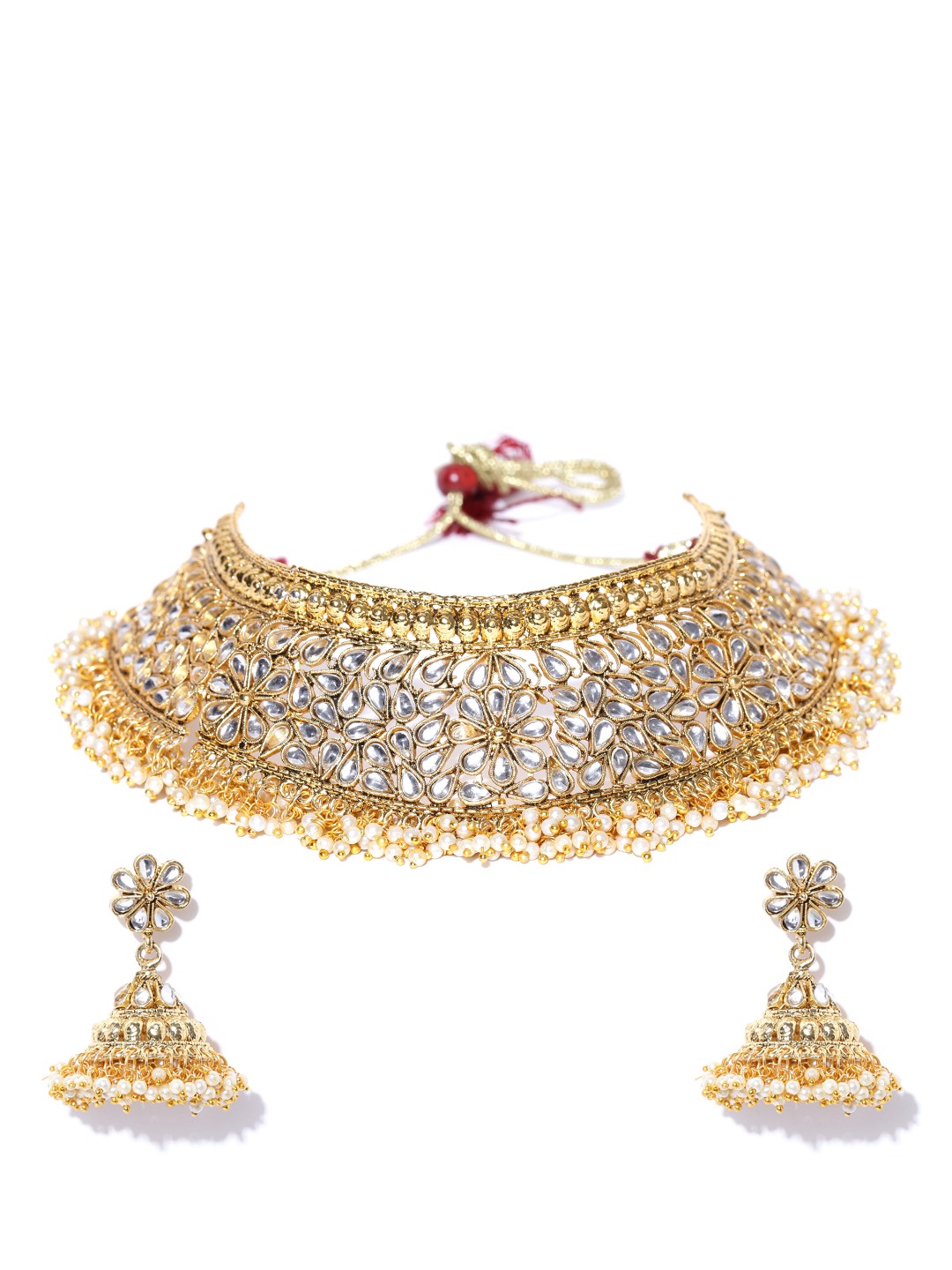 YouBella Women FashionsGold-Toned & Off-White Beaded Stone-Studded Jewellery Set