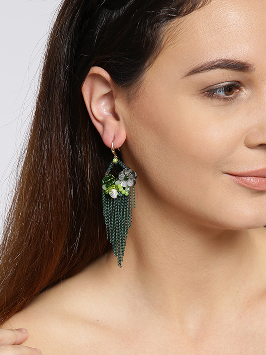 YouBella Green Contemporary Stone-Studded Tasselled Earrings