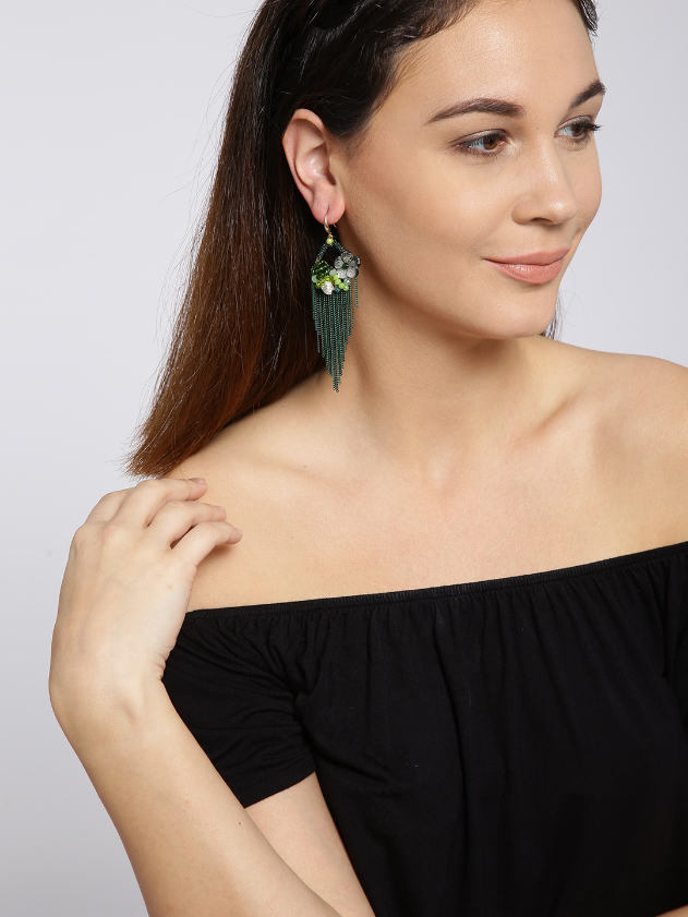 YouBella Green Contemporary Stone-Studded Tasselled Earrings
