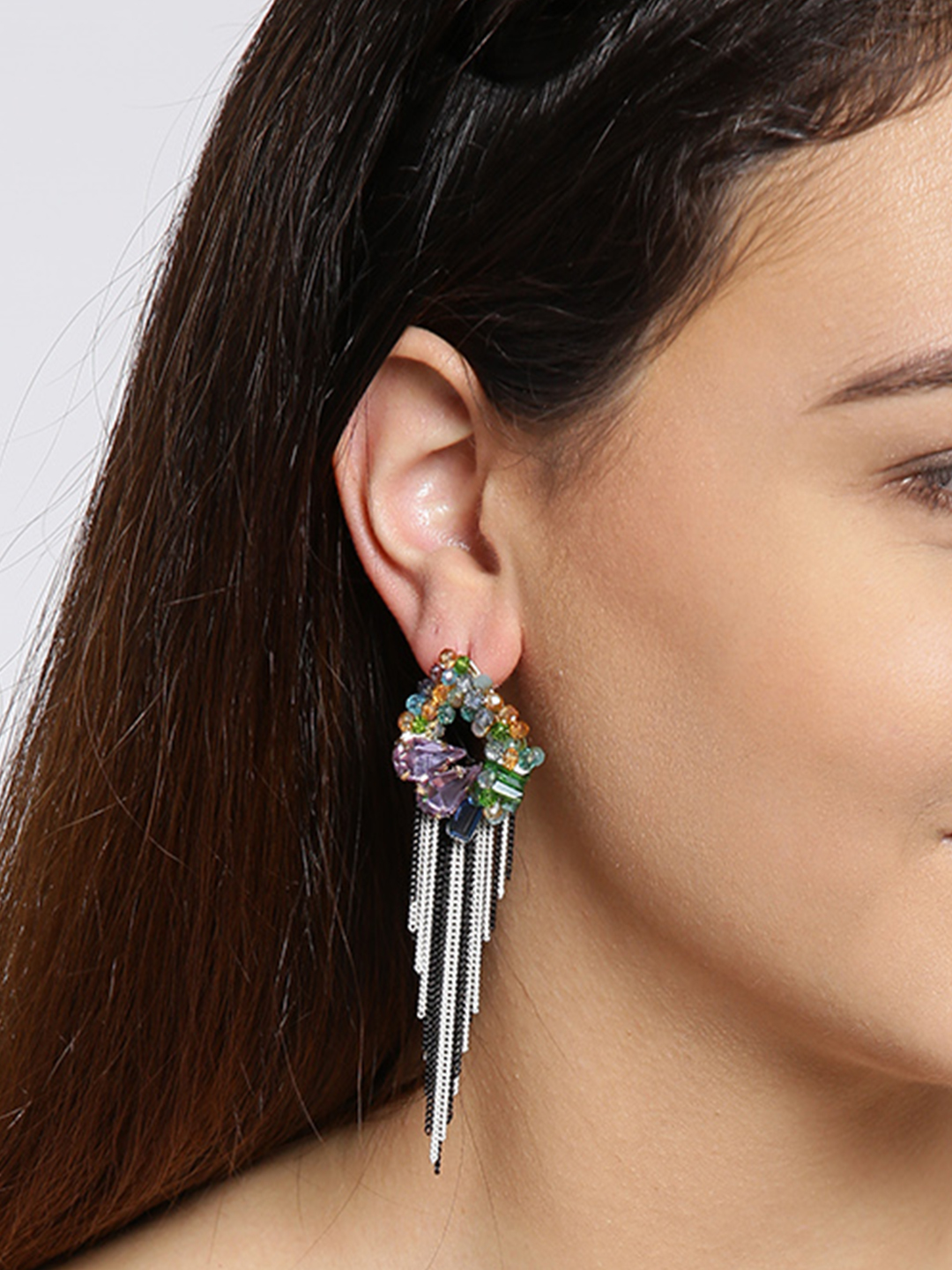 YouBella Multicoloured Circular Stone-Studded Tasselled Earrings