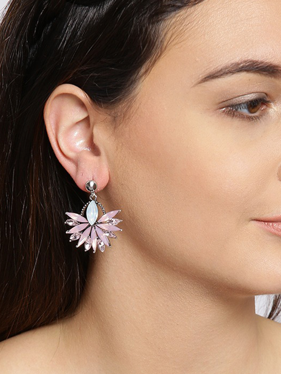 YouBella Pink Contemporary Stone-Studded Drop Earrings