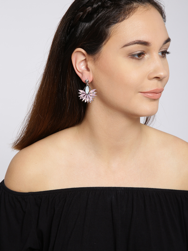 YouBella Pink Contemporary Stone-Studded Drop Earrings