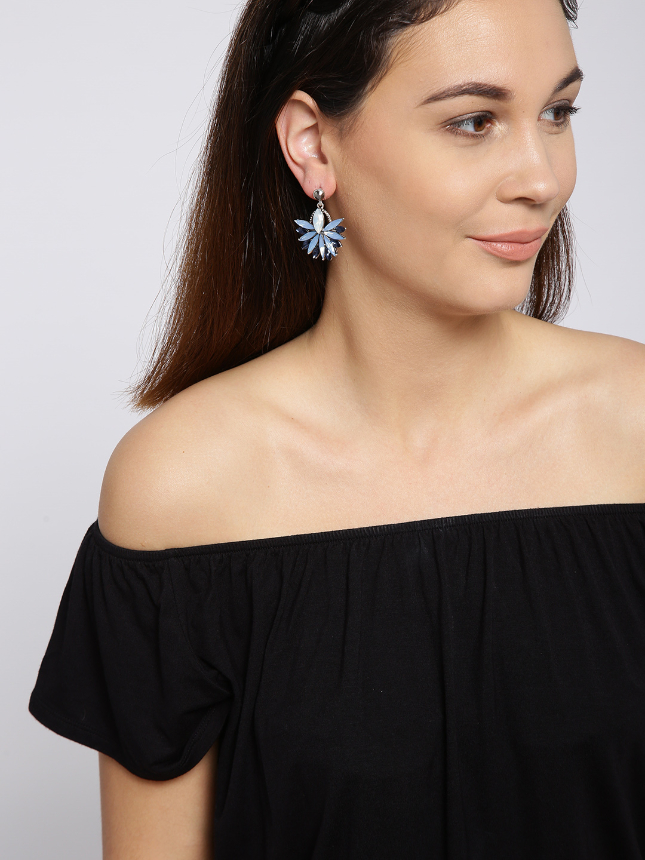 YouBella Blue Contemporary Stone-Studded Drop Earrings