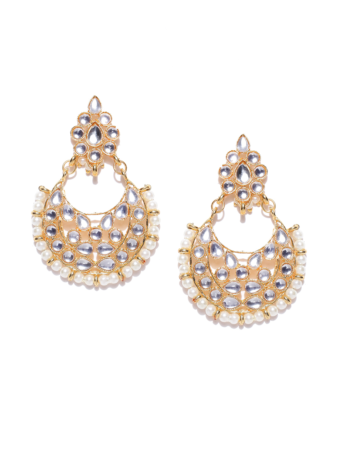 YouBella Off-White Gold-Plated Stone-Studded Crescent Shaped Chandbalis