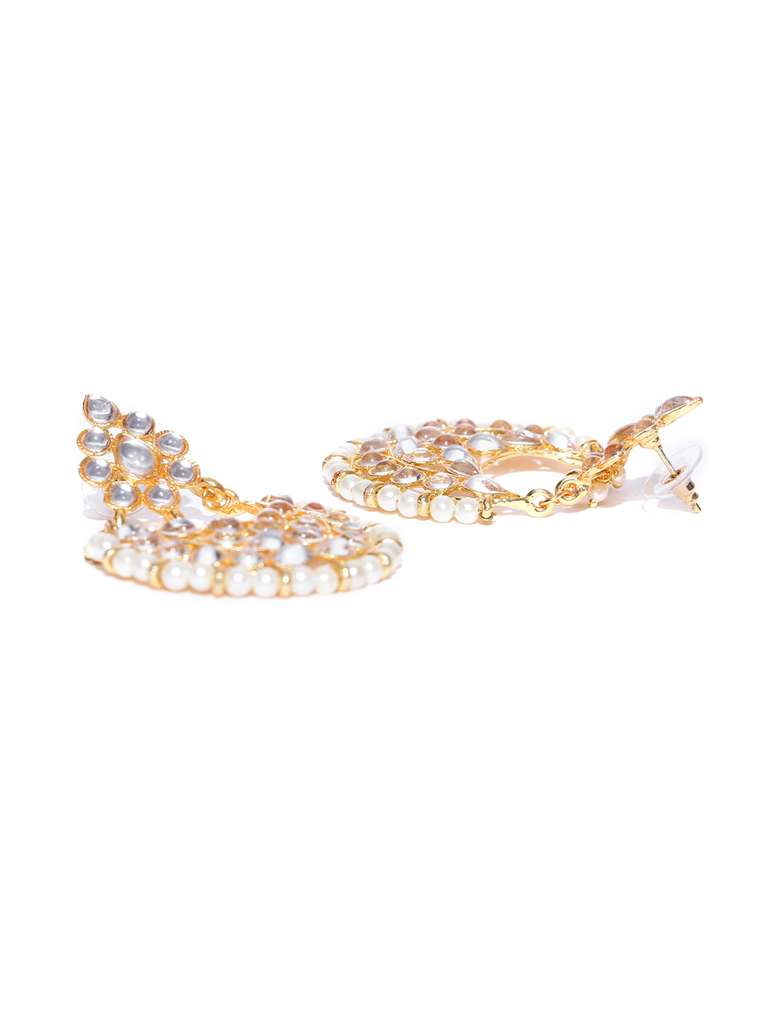 YouBella Off-White Gold-Plated Stone-Studded Crescent Shaped Chandbalis