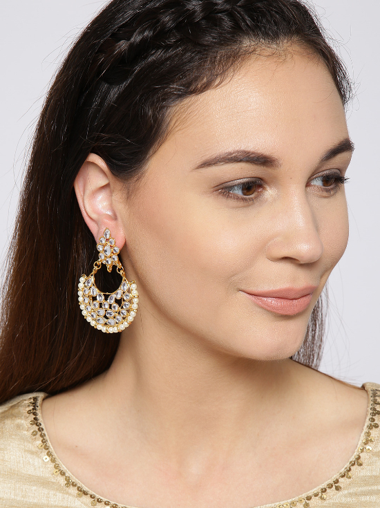 YouBella Off-White Gold-Plated Stone-Studded Crescent Shaped Chandbalis