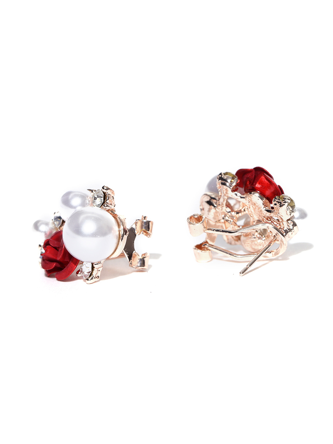YouBella Off-White  Red Floral Beaded Oversized Stone Studs