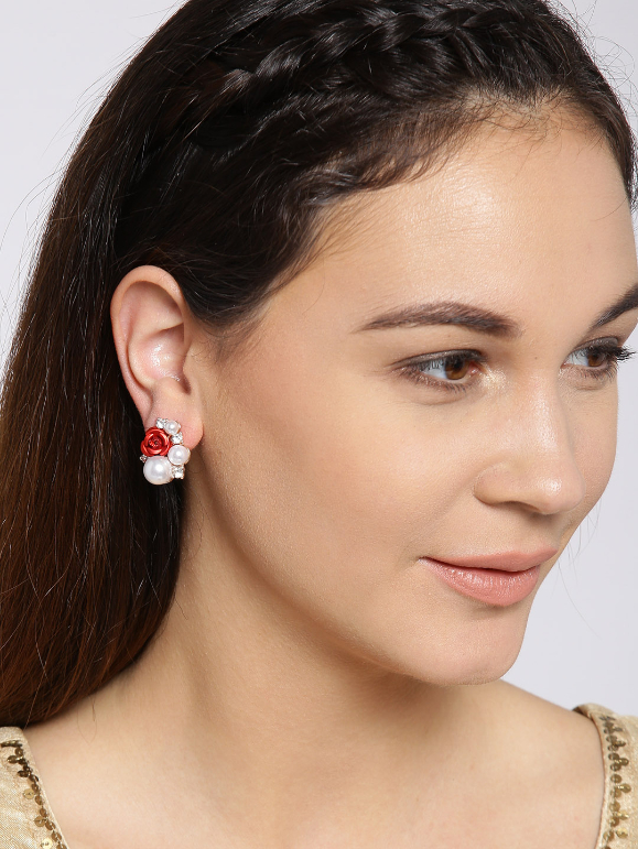 YouBella Off-White  Red Floral Beaded Oversized Stone Studs