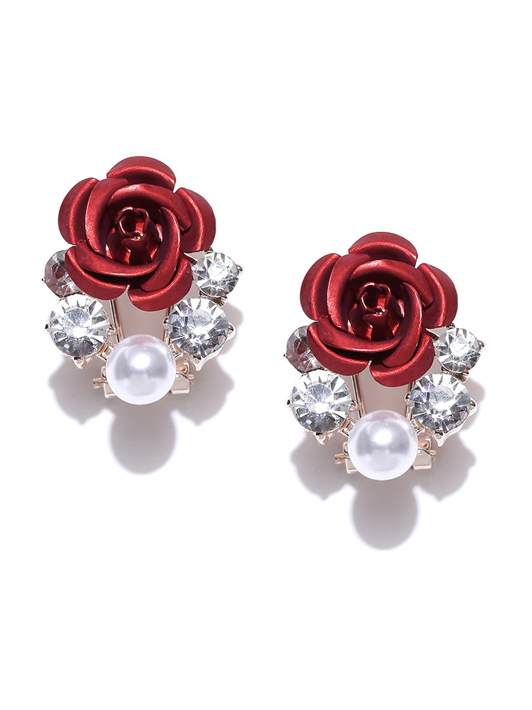 YouBella Red  Off-White Floral Beaded Oversized Stone Studs