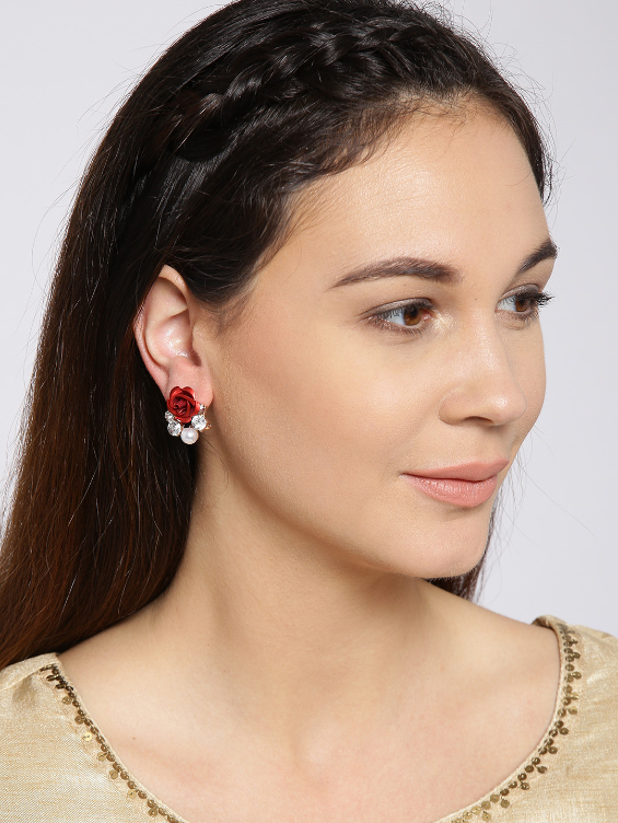 YouBella Red  Off-White Floral Beaded Oversized Stone Studs
