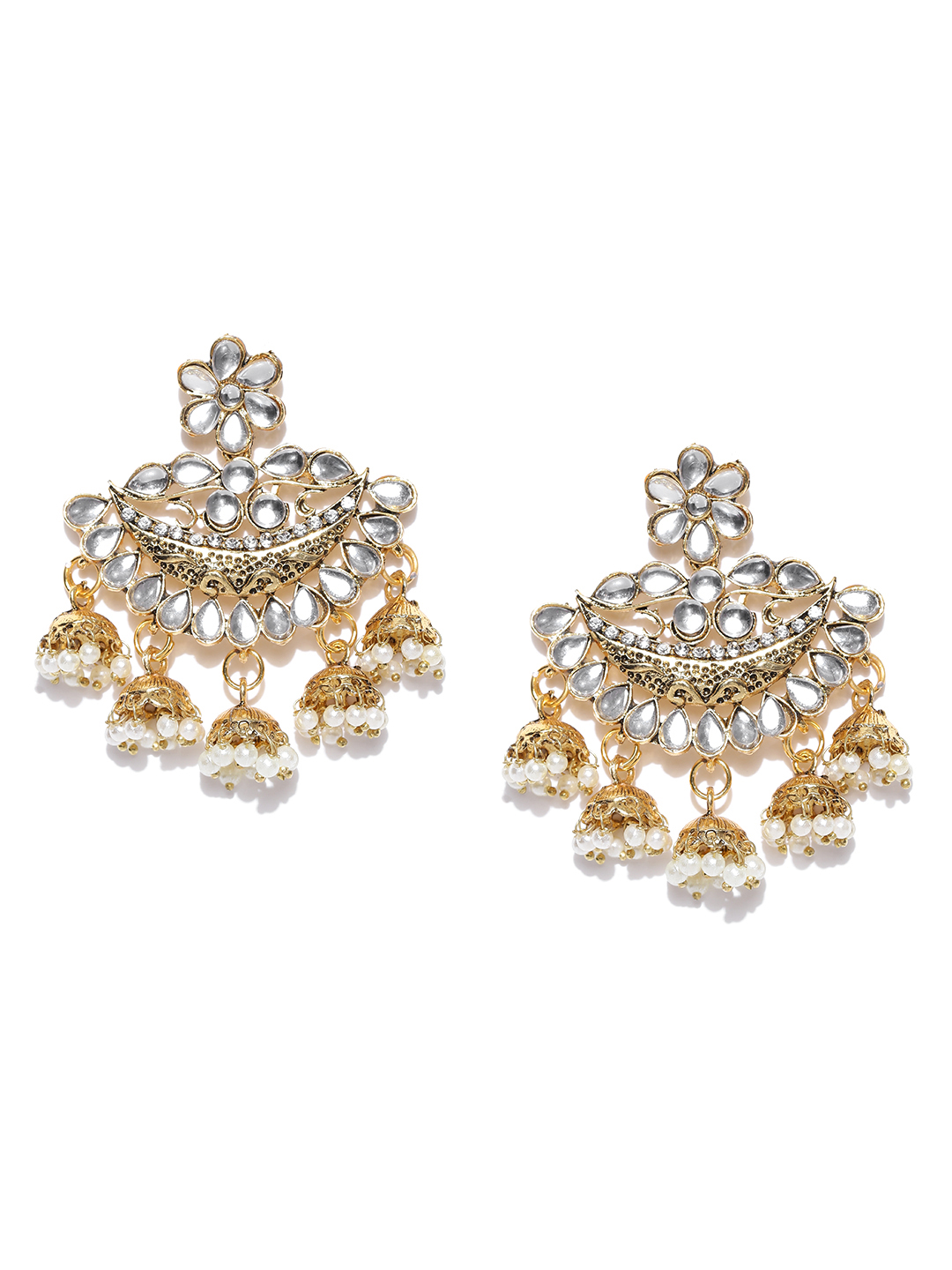 YouBella Off-White Gold-Plated Stone-Studded Crescent-Shaped Chandbalis