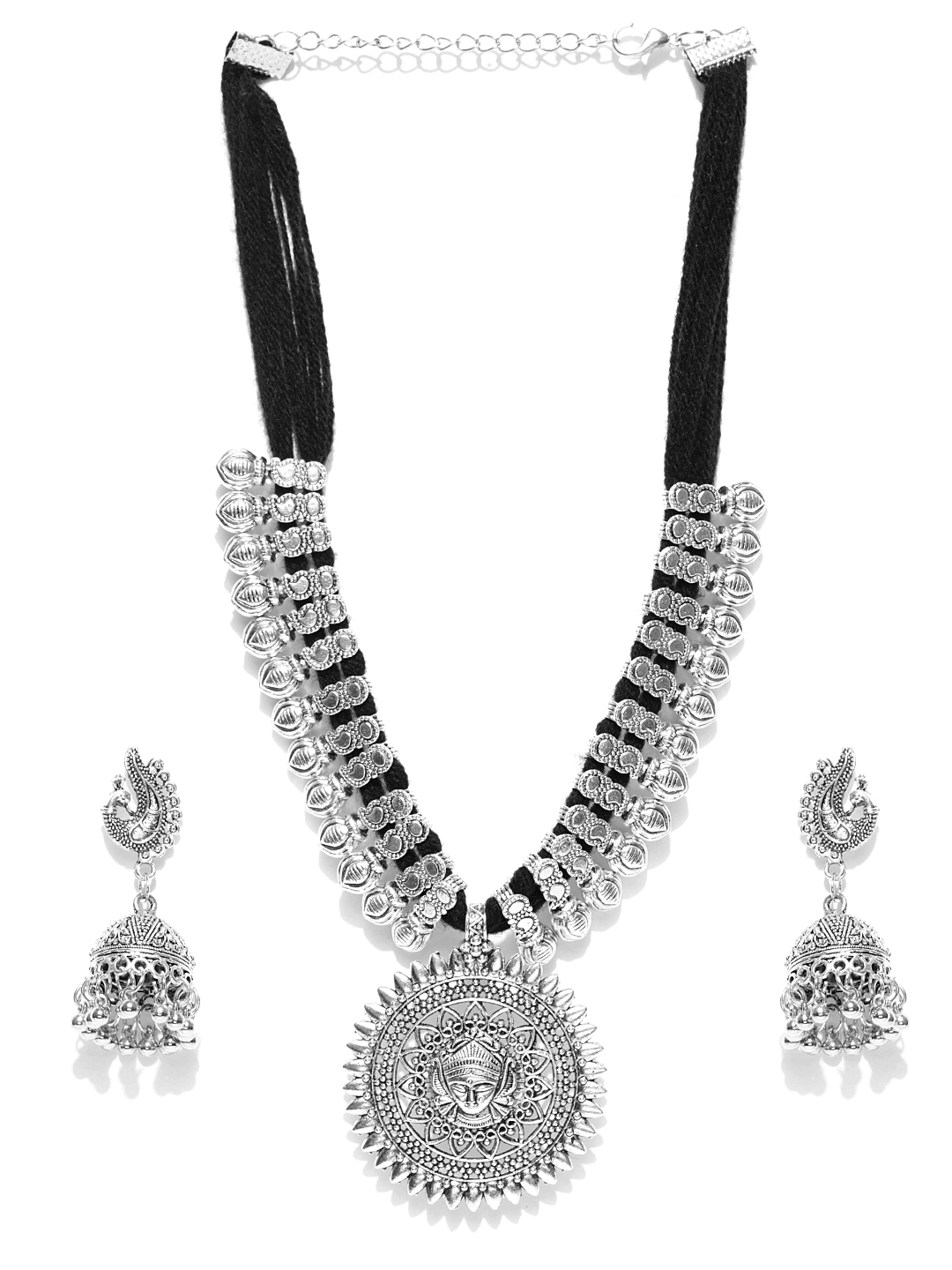 YouBella Oxidised Silver-Toned  Black Textured Jewellery Set