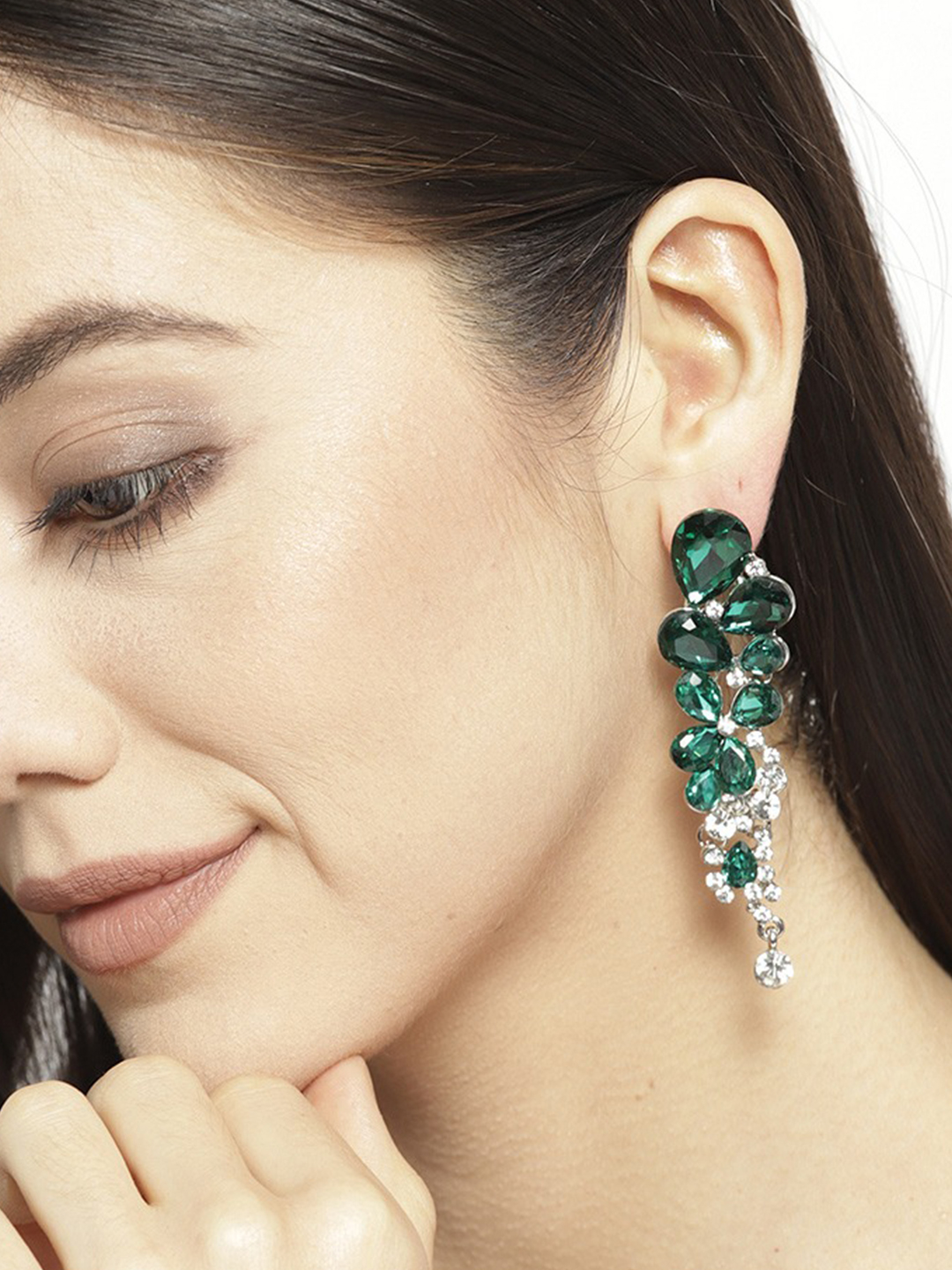 YouBella Green Silver-Plated Teardrop Shaped Drop Earrings