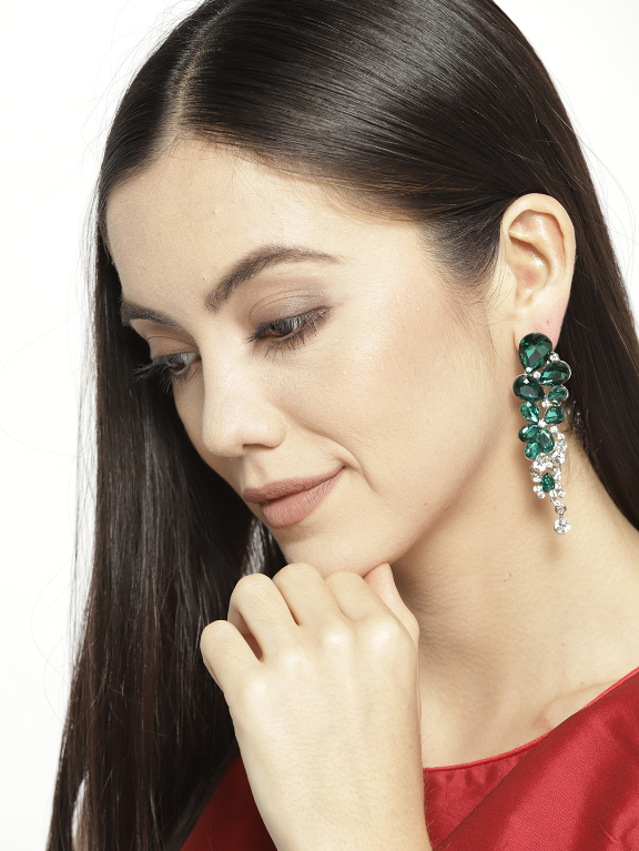 YouBella Green Silver-Plated Teardrop Shaped Drop Earrings