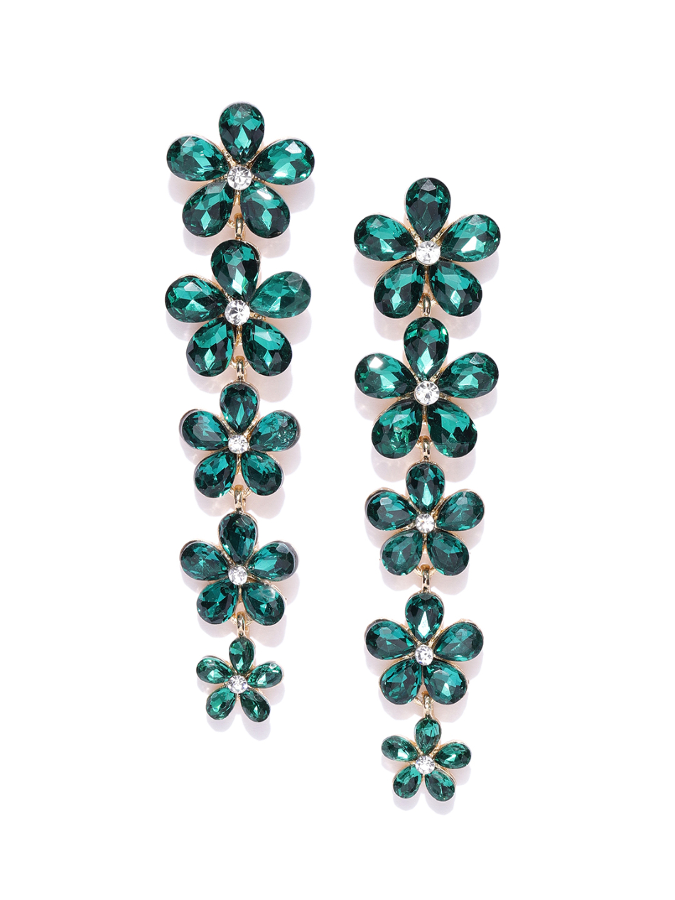 YouBella Green Gold-Plated Stone-Studded Floral Drop Earrings