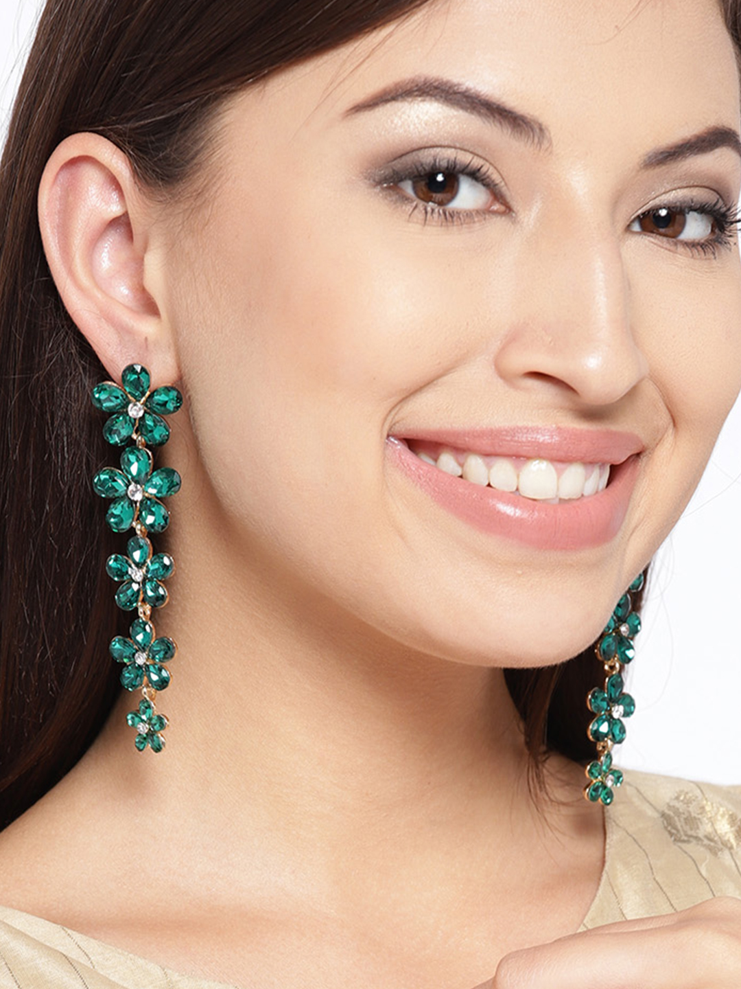 YouBella Green Gold-Plated Stone-Studded Floral Drop Earrings