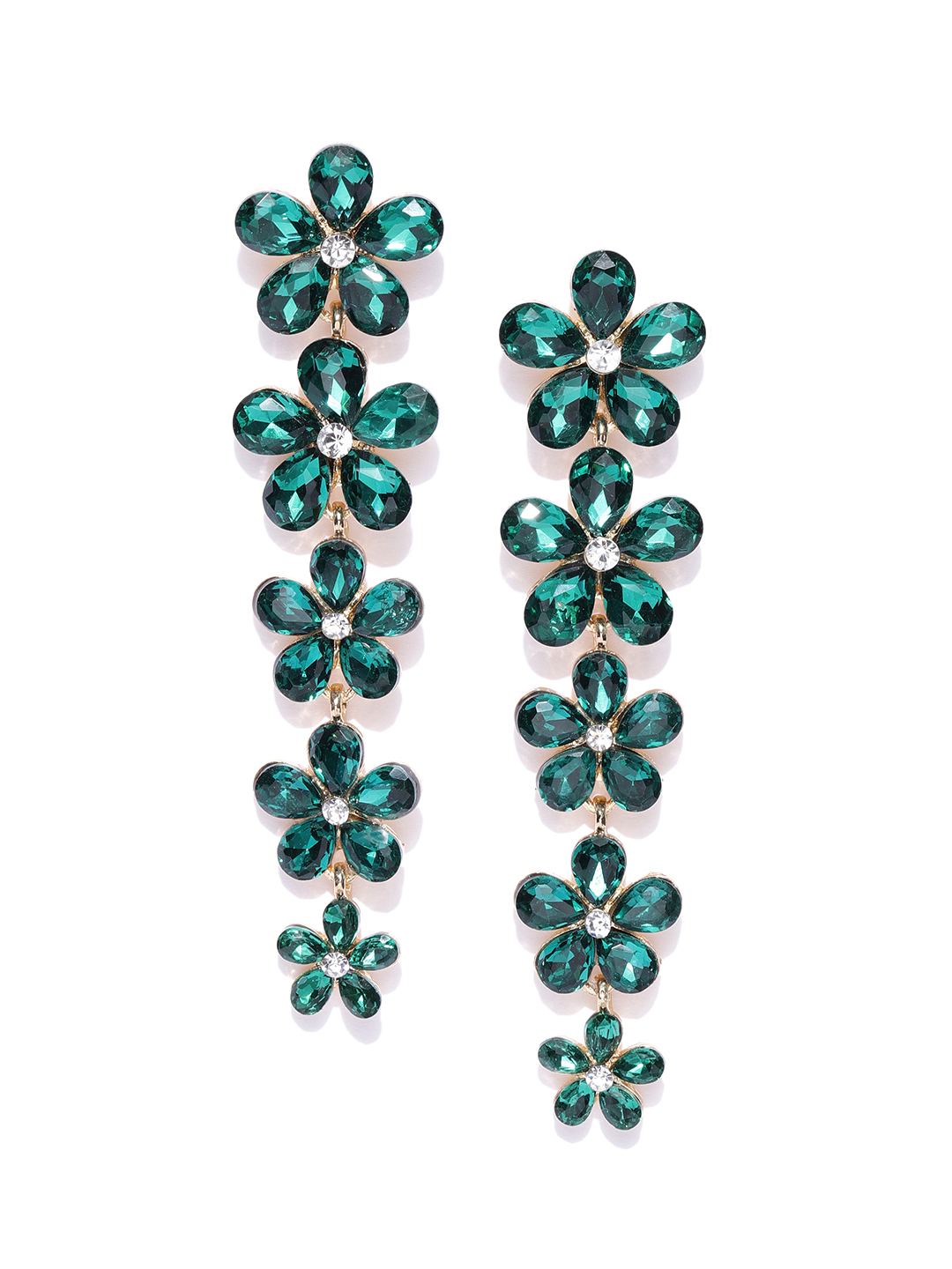 YouBella Green Gold-Plated Stone-Studded Floral Drop Earrings