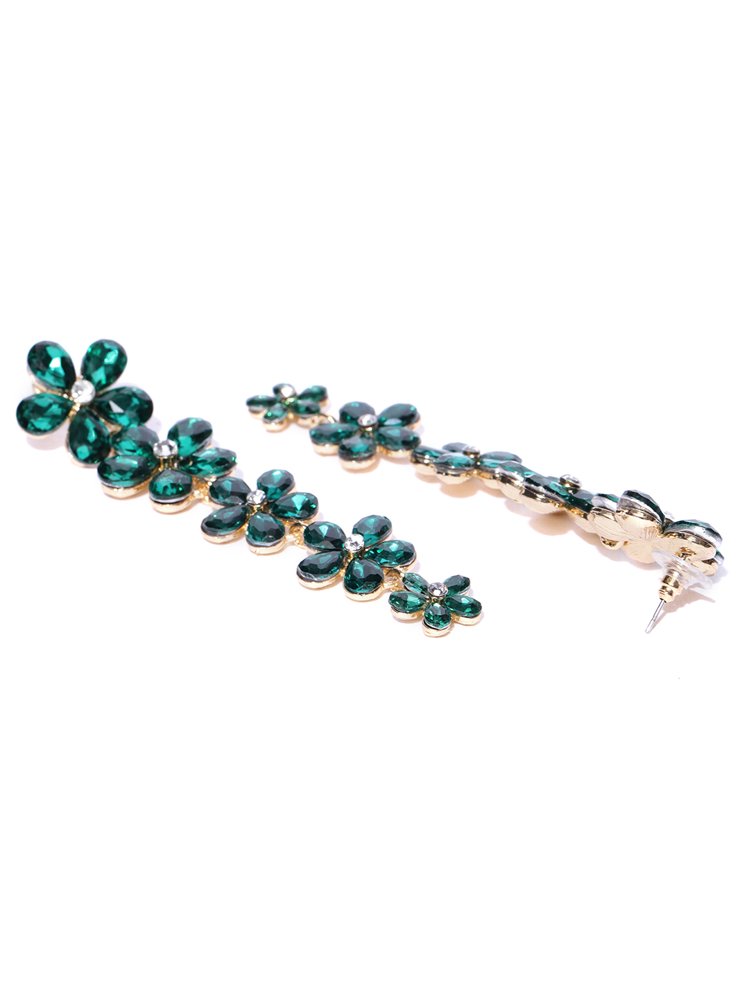 YouBella Green Gold-Plated Stone-Studded Floral Drop Earrings