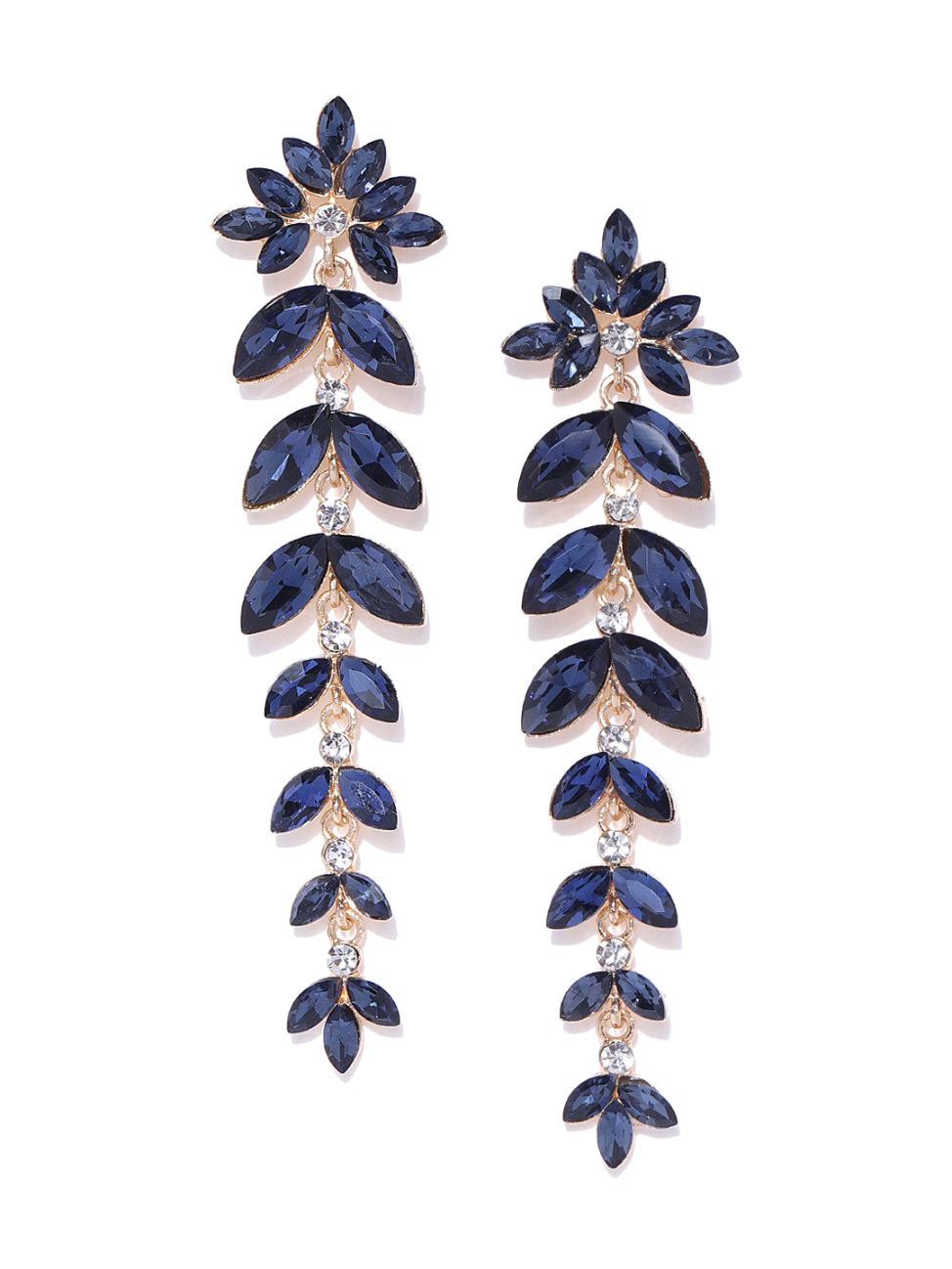 YouBella Navy Gold-Plated Stone-Studded Leaf Shaped Drop Earrings