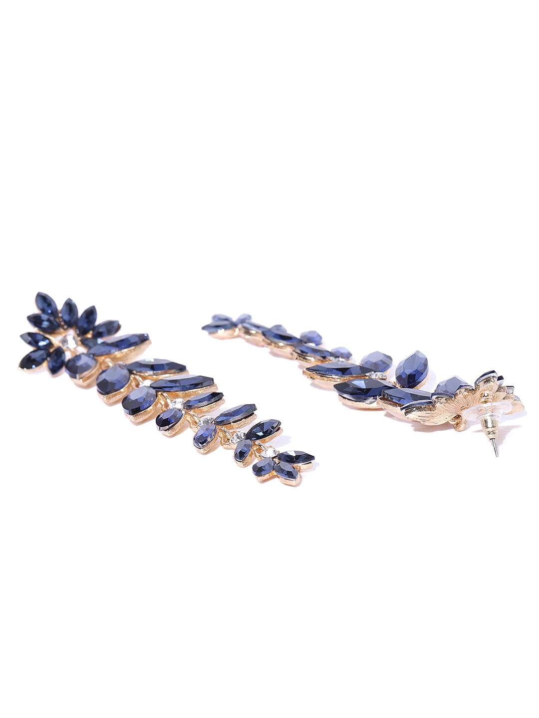 YouBella Navy Gold-Plated Stone-Studded Leaf Shaped Drop Earrings