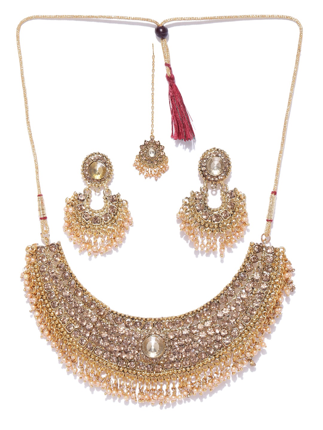YouBella Antique Gold-Toned Stone-Studded  Beaded Jewellery Set