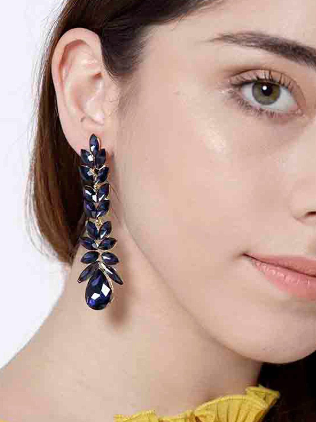 YouBella Navy Blue Gold-Plated Stone-Studded Contemporary Drop Earrings