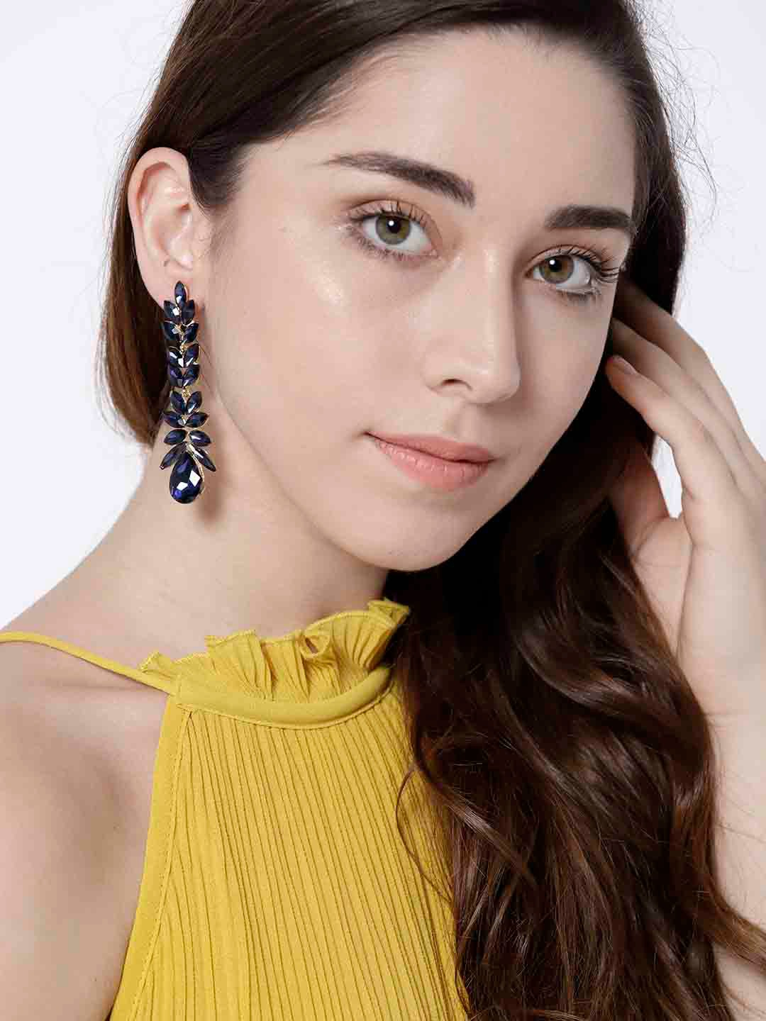 YouBella Navy Blue Gold-Plated Stone-Studded Contemporary Drop Earrings