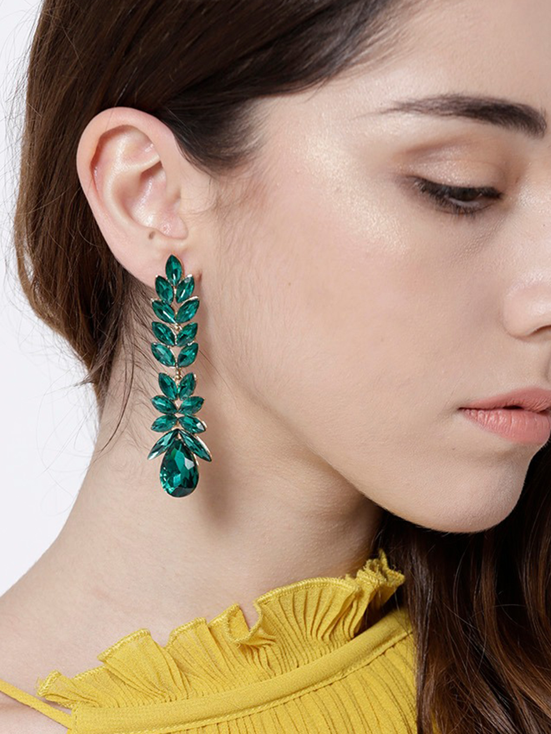 YouBella Green Gold-Plated Stone-Studded Contemporary Drop Earrings