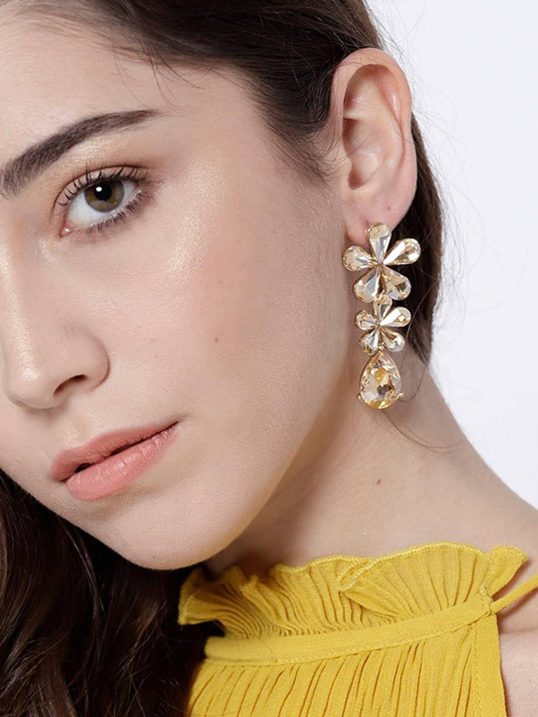 YouBella Beige Gold-Plated Stone-Studded Floral Drop Earrings