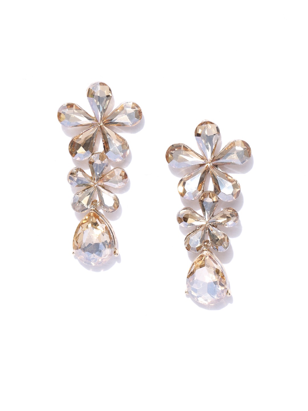 YouBella Beige Gold-Plated Stone-Studded Floral Drop Earrings