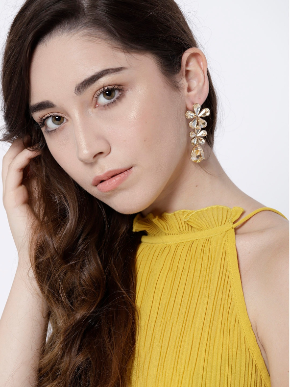 YouBella Beige Gold-Plated Stone-Studded Floral Drop Earrings