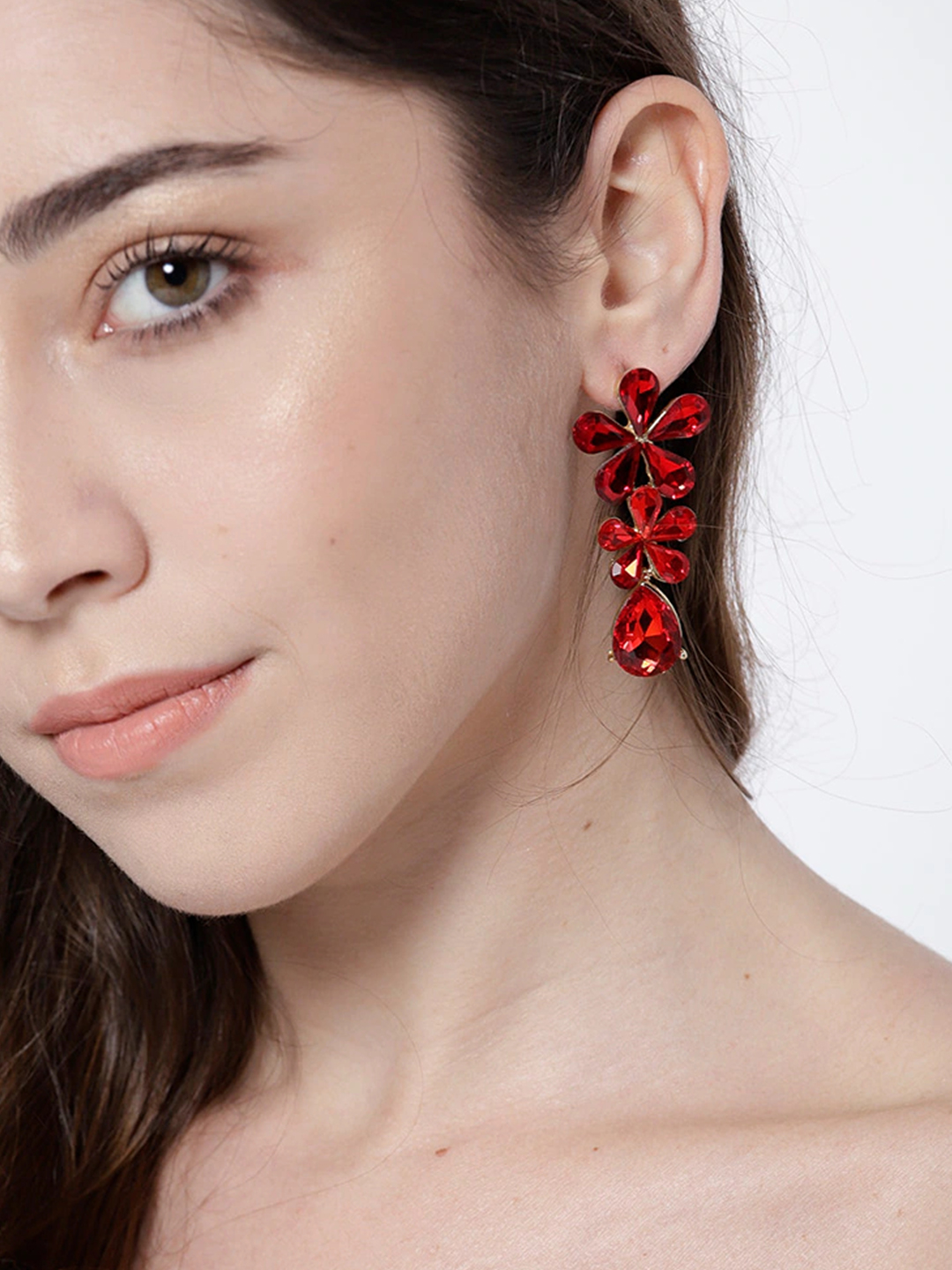 YouBella Red Gold-Plated Stone-Studded Floral Drop Earrings