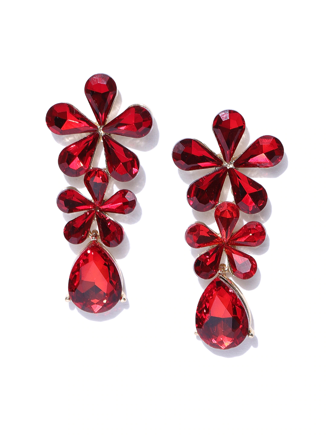 YouBella Red Gold-Plated Stone-Studded Floral Drop Earrings
