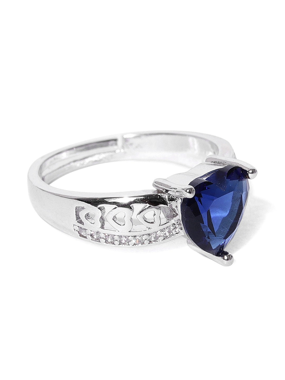 YouBella Women Navy Blue  Silver-Toned Stone-Studded Heart-Shaped Adjustable Ring