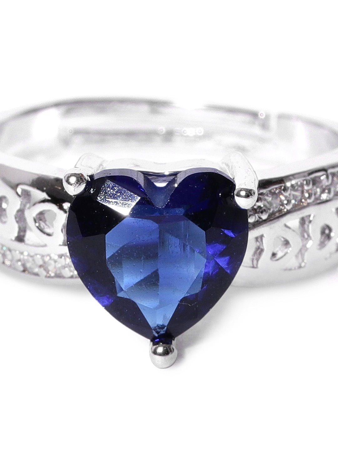 YouBella Women Navy Blue  Silver-Toned Stone-Studded Heart-Shaped Adjustable Ring