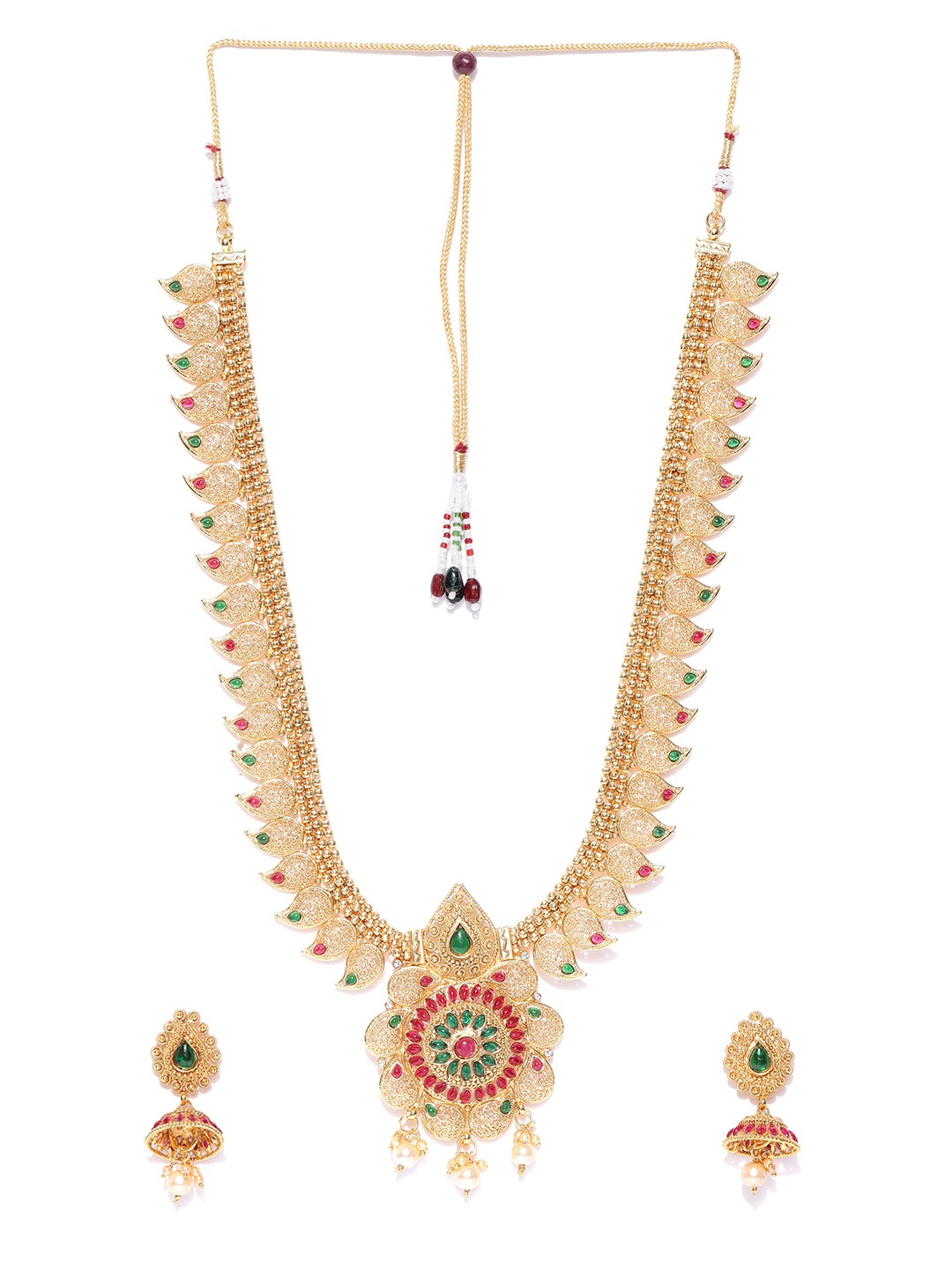 YouBella Green  Red Gold-Plated Stone-Studded Textured Jewellery Set