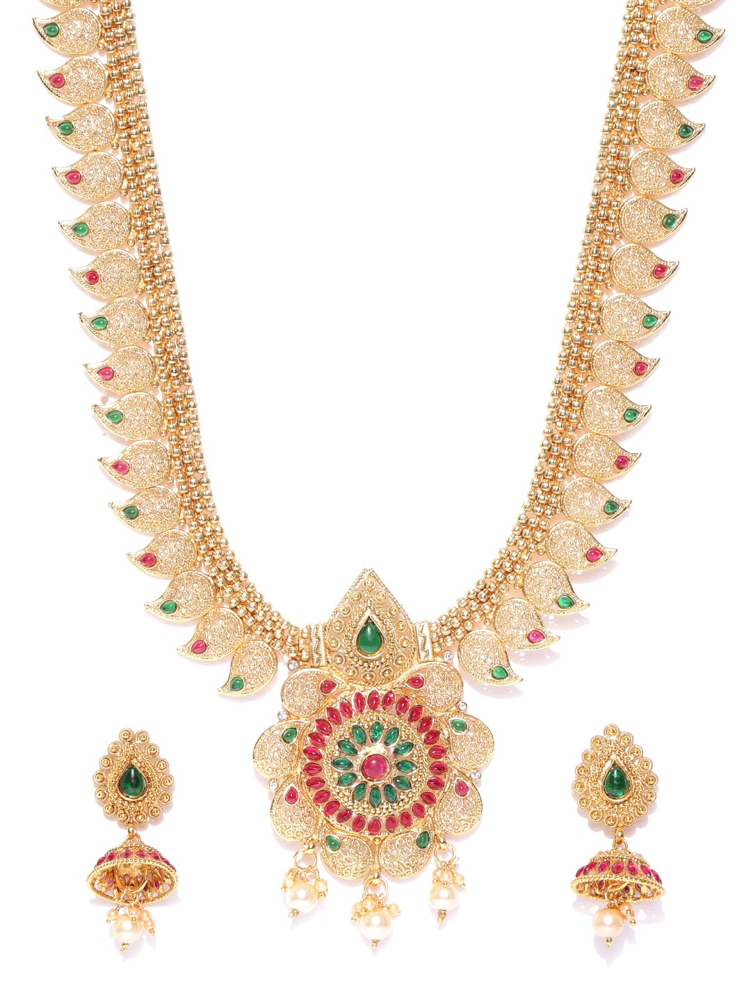 YouBella Green  Red Gold-Plated Stone-Studded Textured Jewellery Set