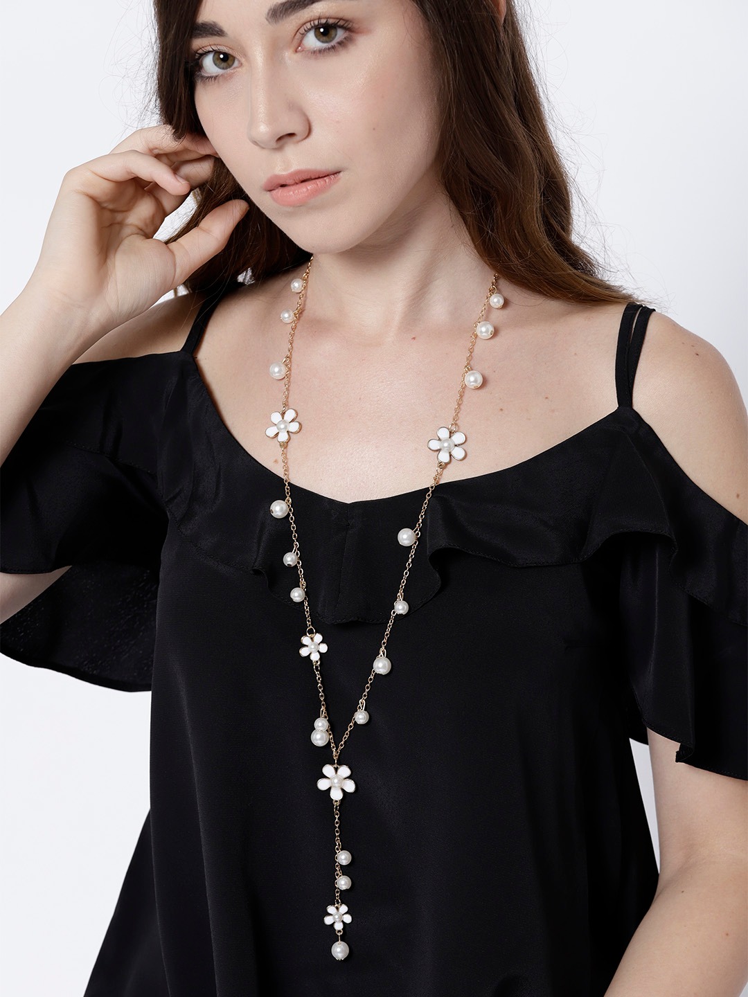 YouBella White Gold-Plated Beaded  Enamelled Lariat Necklace
