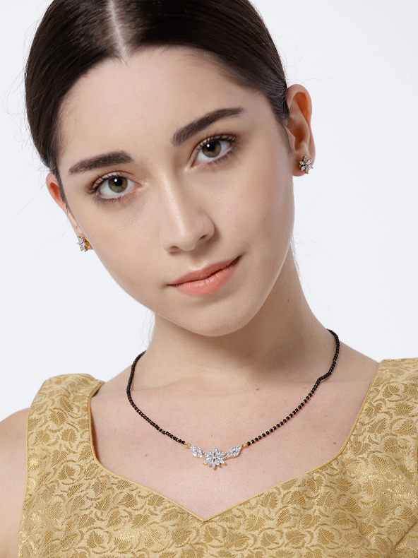 YouBella Black Gold-Plated Stone-Studded  Beaded Mangalsutra  Earrings Set