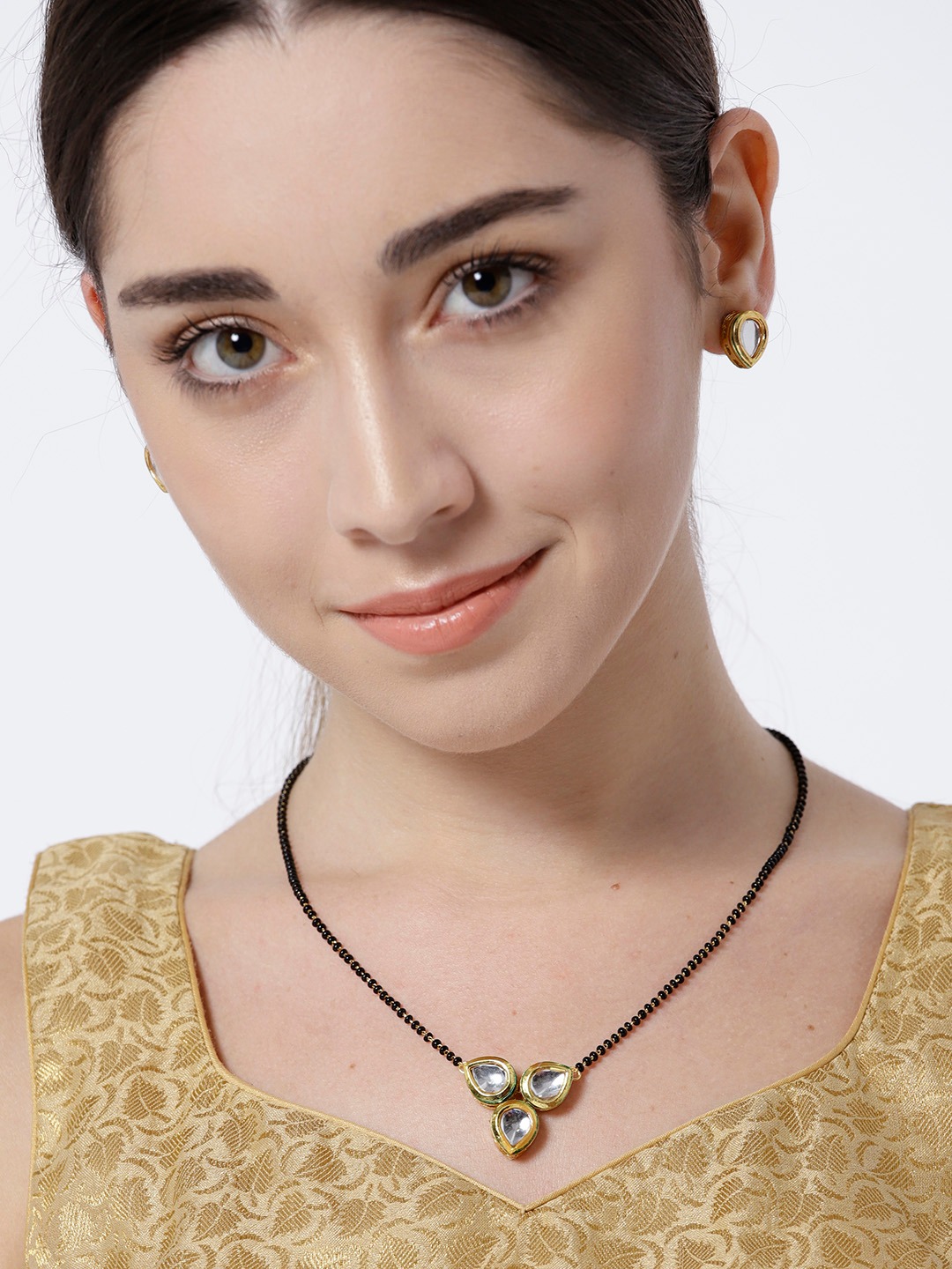 YouBella Black Gold-Plated Stone-Studded  Beaded Mangalsutra  Earrings Set
