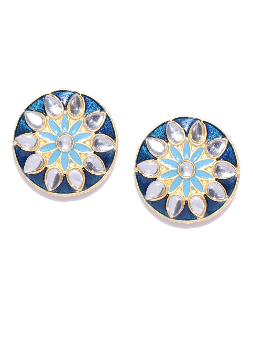 YouBella Blue Gold-Plated Stone-Studded  Enamelled Circular Oversized Studs
