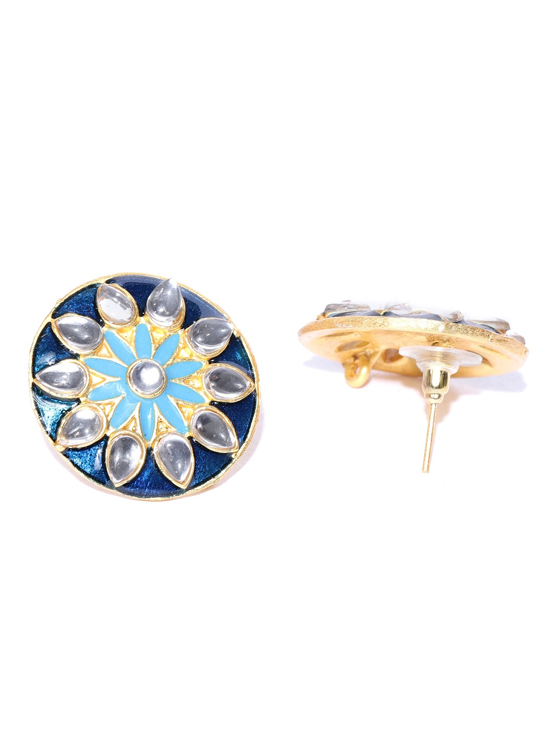 YouBella Blue Gold-Plated Stone-Studded  Enamelled Circular Oversized Studs