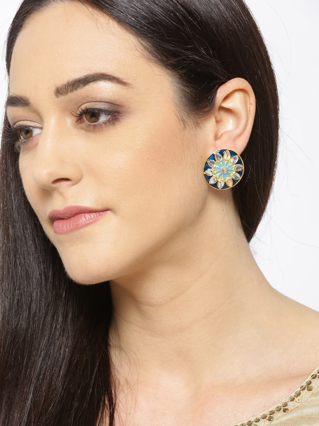 YouBella Blue Gold-Plated Stone-Studded  Enamelled Circular Oversized Studs