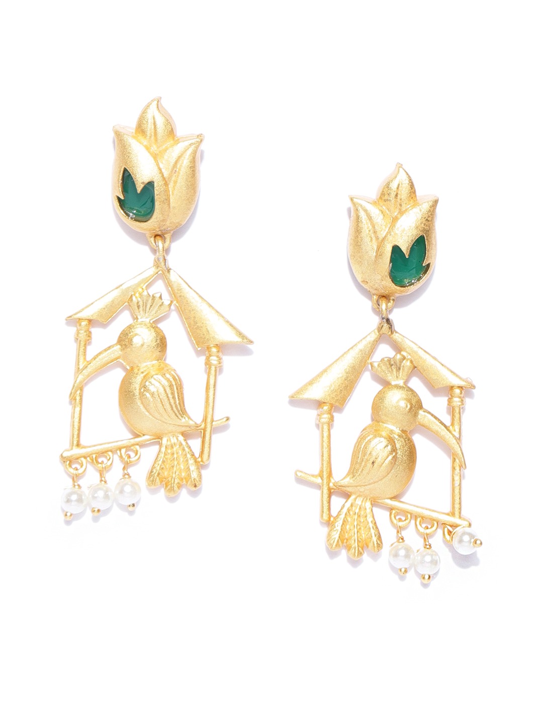 YouBella Gold-Plated  Green Stone-Studded Quirky Drop Earrings