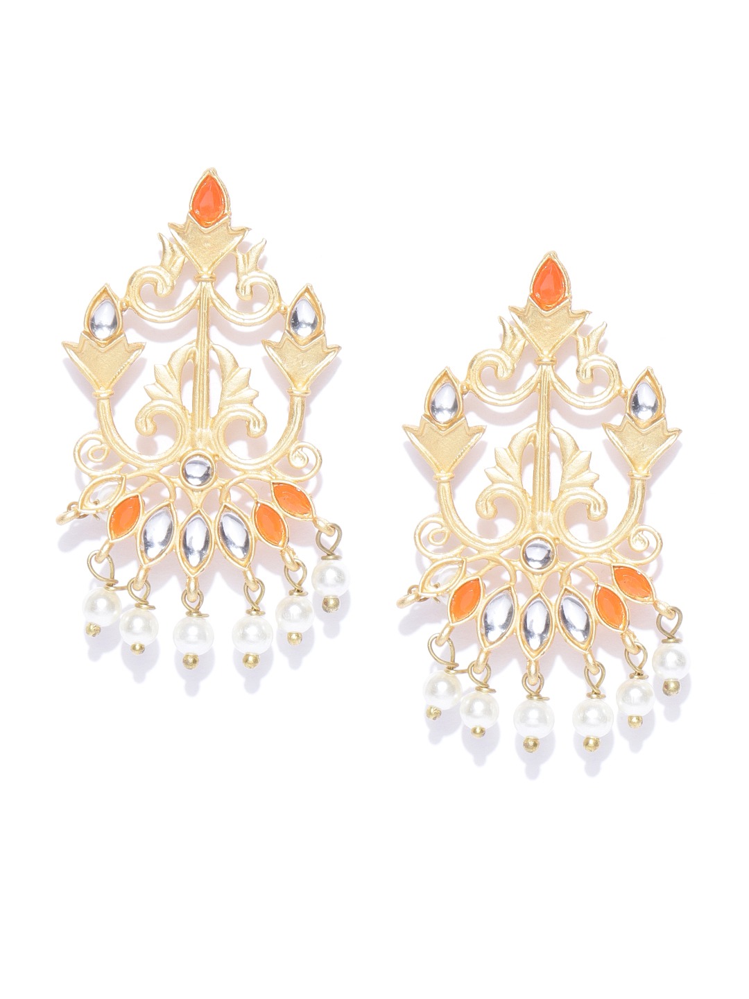 YouBella Orange  Off-White Gold-Plated Stone-Studded  Beaded Classic Drop Earrings