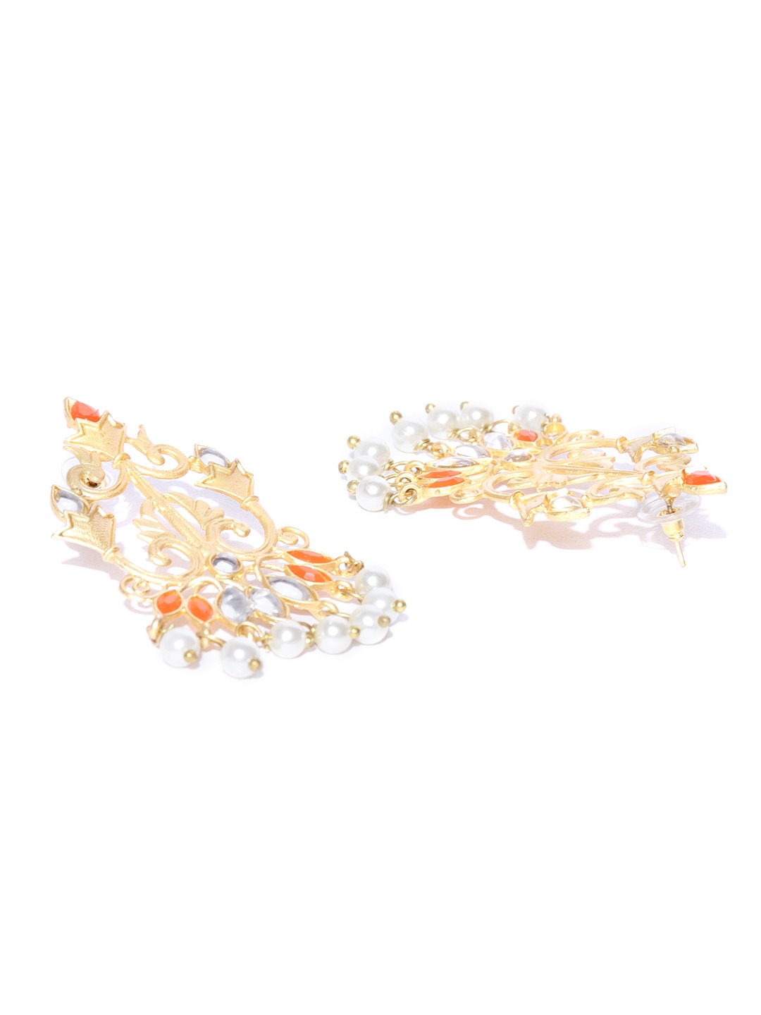 YouBella Orange  Off-White Gold-Plated Stone-Studded  Beaded Classic Drop Earrings