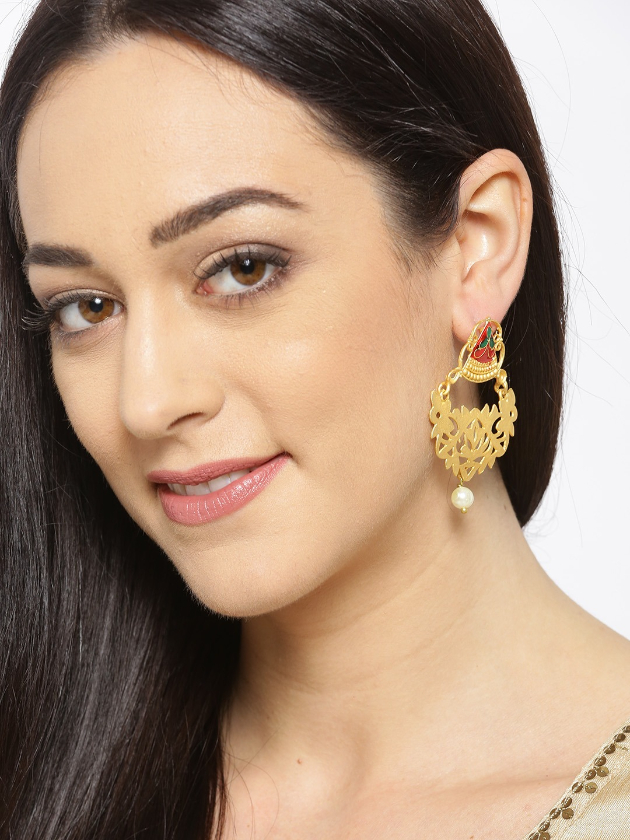 YouBella Red Gold-Plated Beaded Classic Drop Earrings