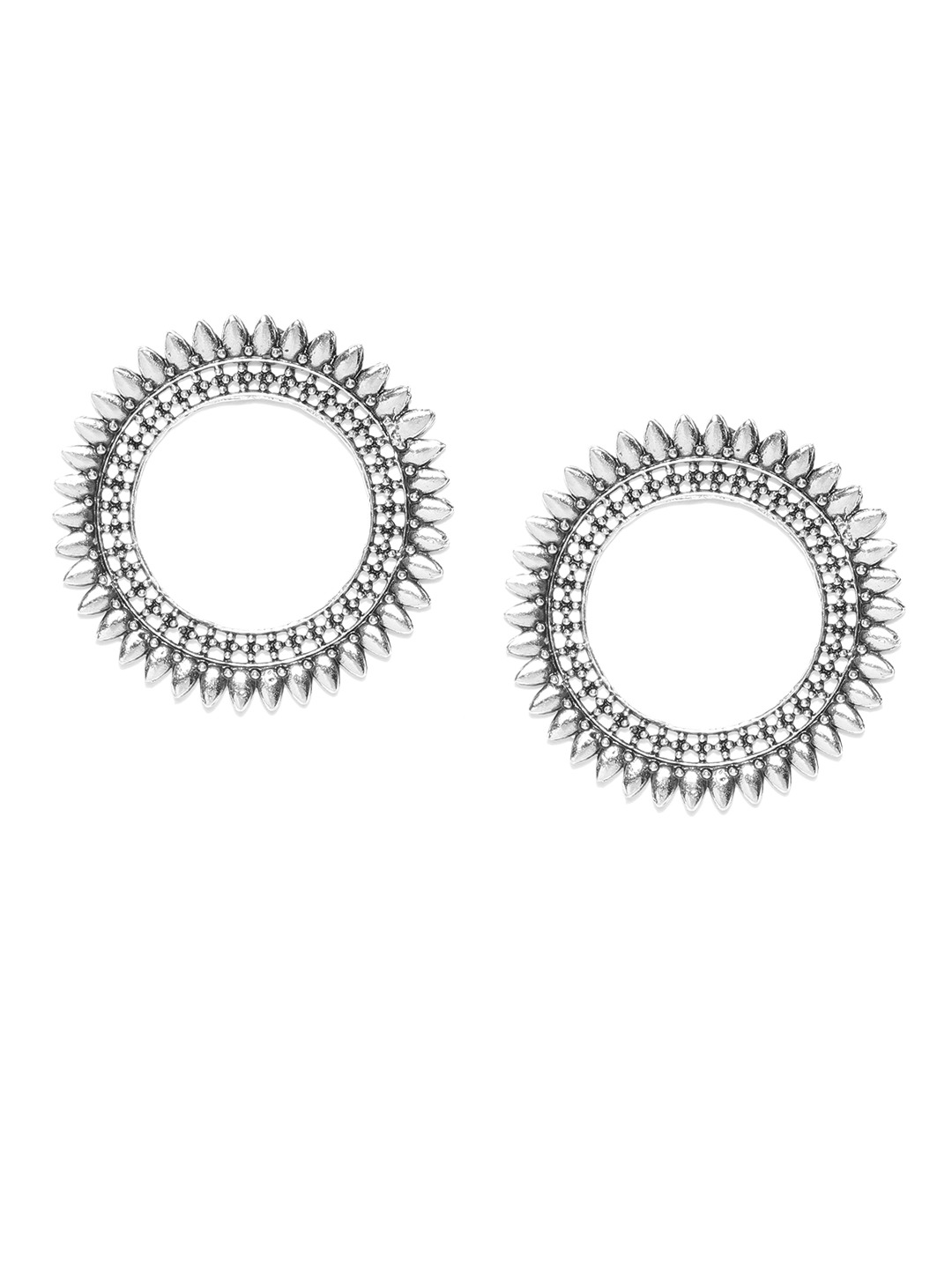 YouBella Oxidised Silver-Plated Textured Circular Drop Earrings