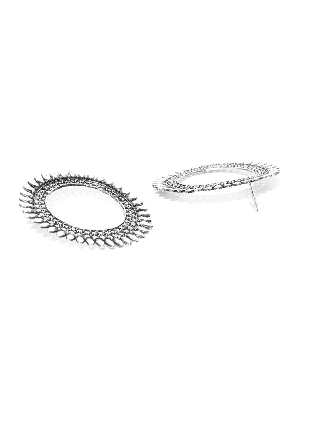 YouBella Oxidised Silver-Plated Textured Circular Drop Earrings