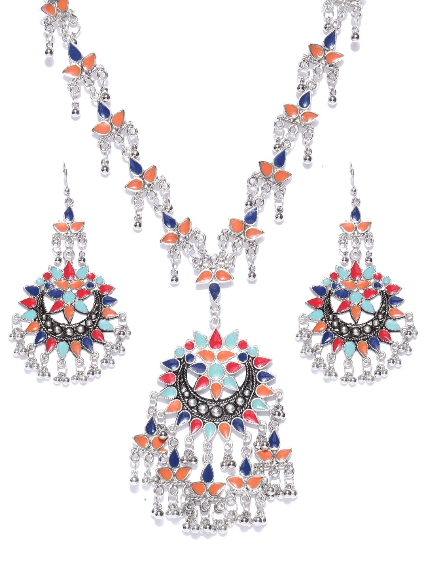 YouBella Oxidised Silver-Toned Stone-Studded Jewellery Set